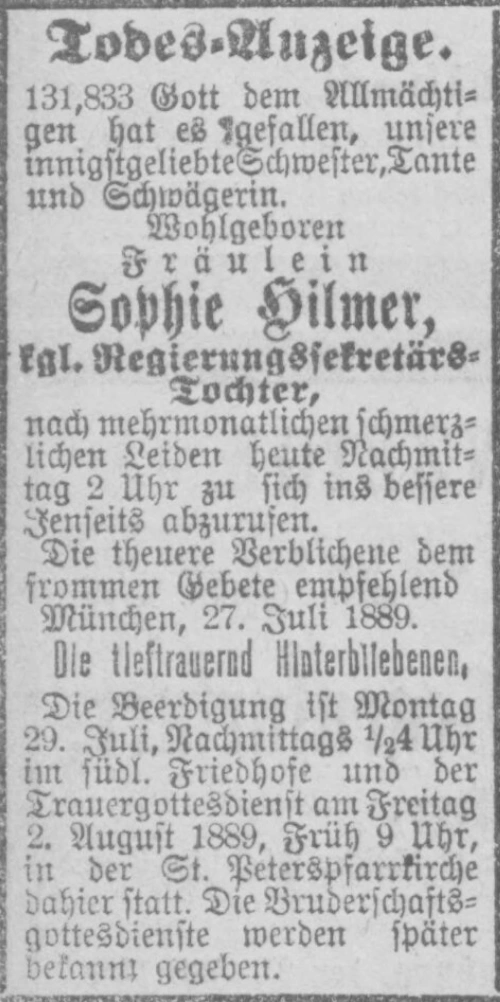Todesanzeige für Sofie Hilmer
