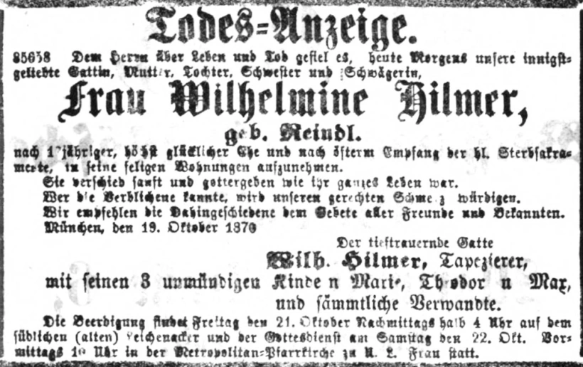 Todesanzeige für Wilhelmine Hilmer