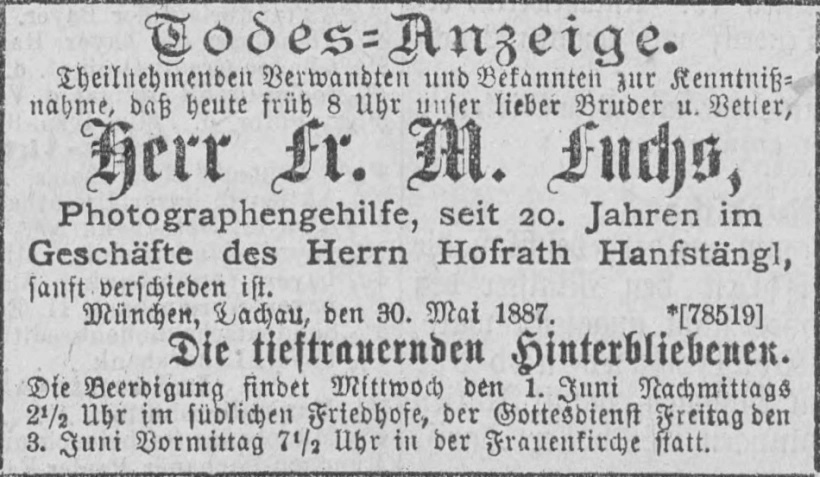 Todesanzeige für Franz Melchior Fuchs