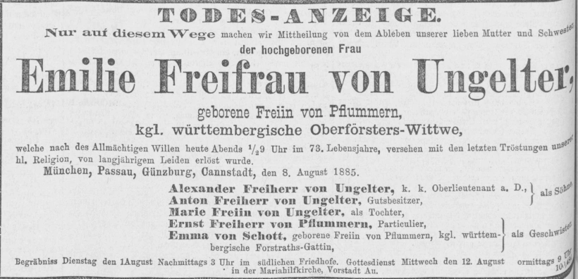 Todesanzeige für Emilie Freifrau von Ungelter