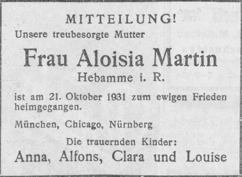 Todesanzeige für Aloisia Martin