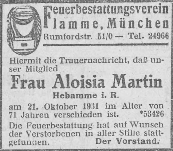 Todesanzeige für Aloisia Martin