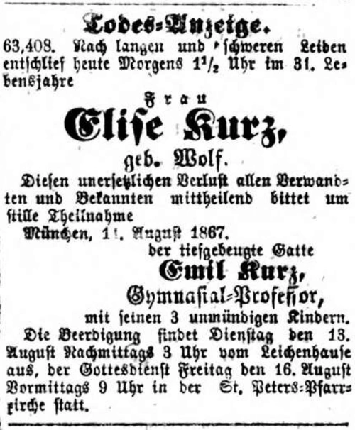 Todesanzeige für Elise Kurz