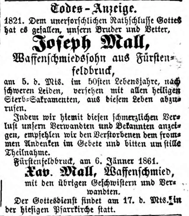 Todesanzeige für Josef Mall