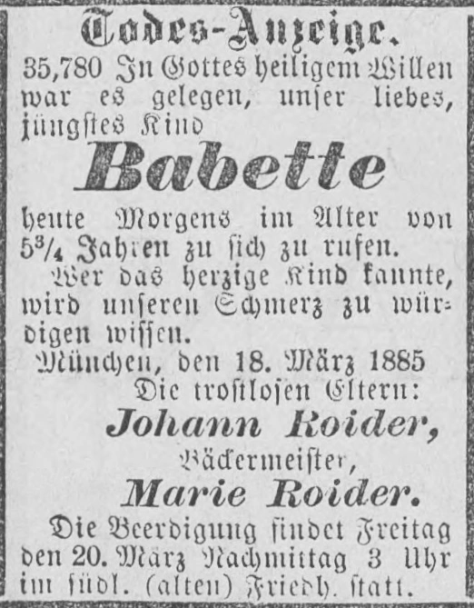 Todesanzeige für Babette Roider