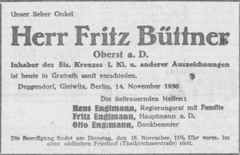 Todesanzeige für Fritz Büttner