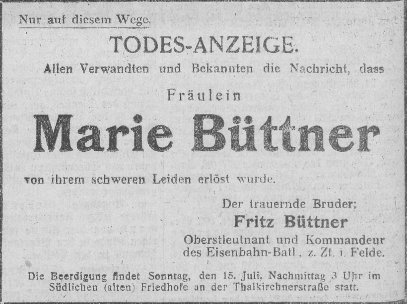 Todesanzeige für Marie Büttner