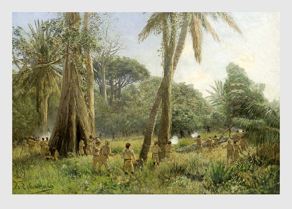 Tropische Landschaft in Deutsch-Ostafrika mit Feuergefecht