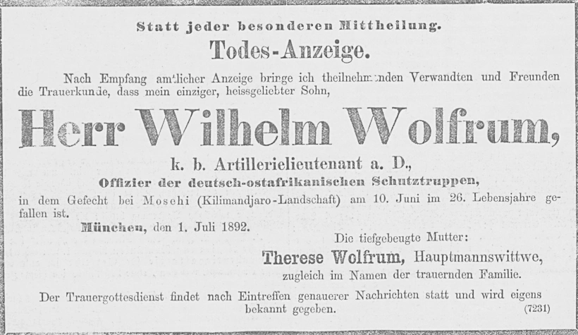 Todesanzeige für Wilhelm Wolfrum