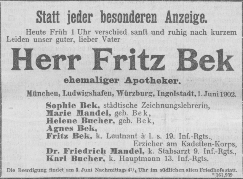 Todesanzeige für Fritz Bek