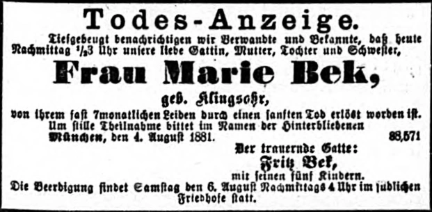 Todesanzeige für Marie Bek