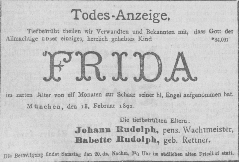 Todesanzeige für Frida Rudolph