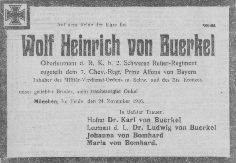 Todesanzeige für Wolf Heinrich von Bürkel