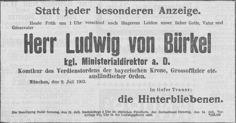 Todesanzeige für Ludwig von Bürkel