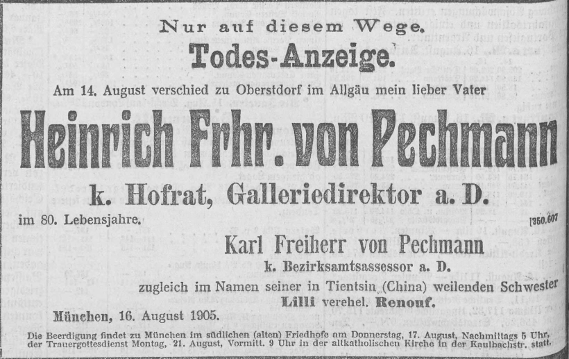 Todesanzeige für Heinrich Freiherr von Pechmann