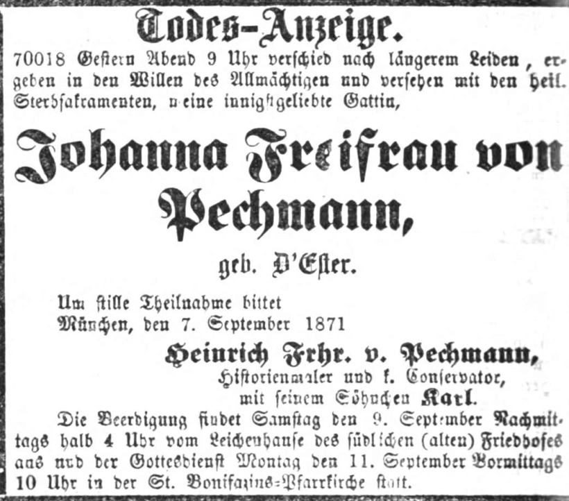 Todesanzeige für Johanna Freifrau von Pechmann