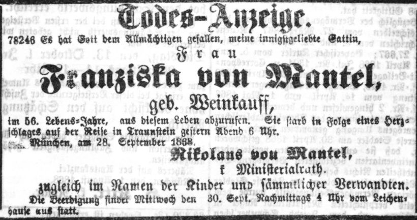 Todesanzeige für Franziska von Mantel
