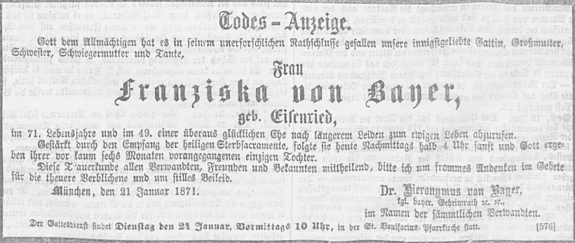 Todesanzeige für Franziska von Bayer