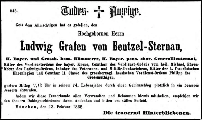 Todesanzeige für Ludwig Graf von Bentzel-Sternau