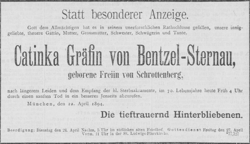 Todesanzeige für Katinka Gräfin von Bentzel-Sternau