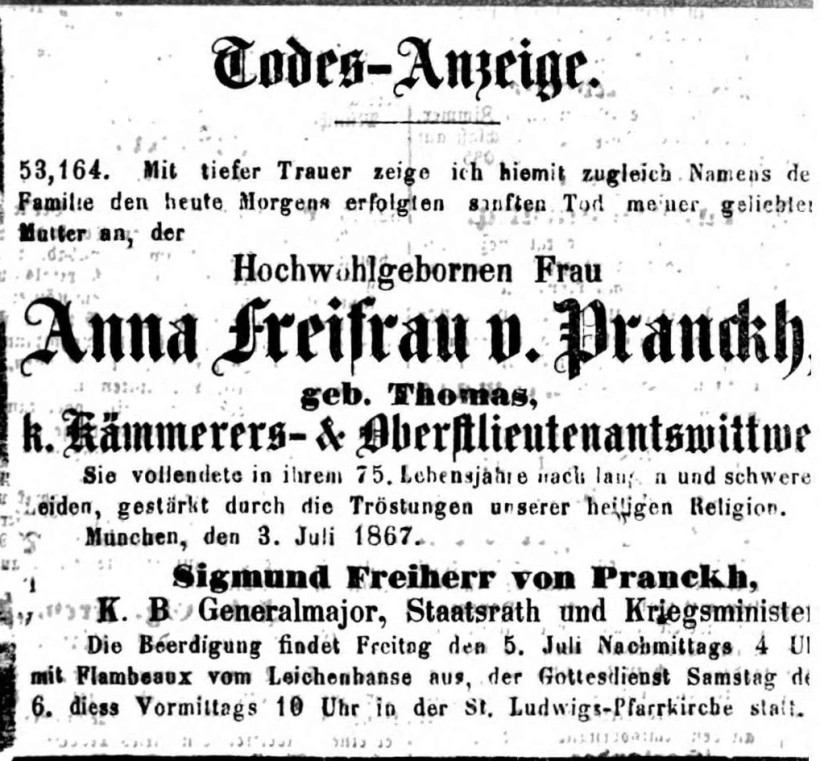 Todesanzeige für Anna Freifrau von Pranckh