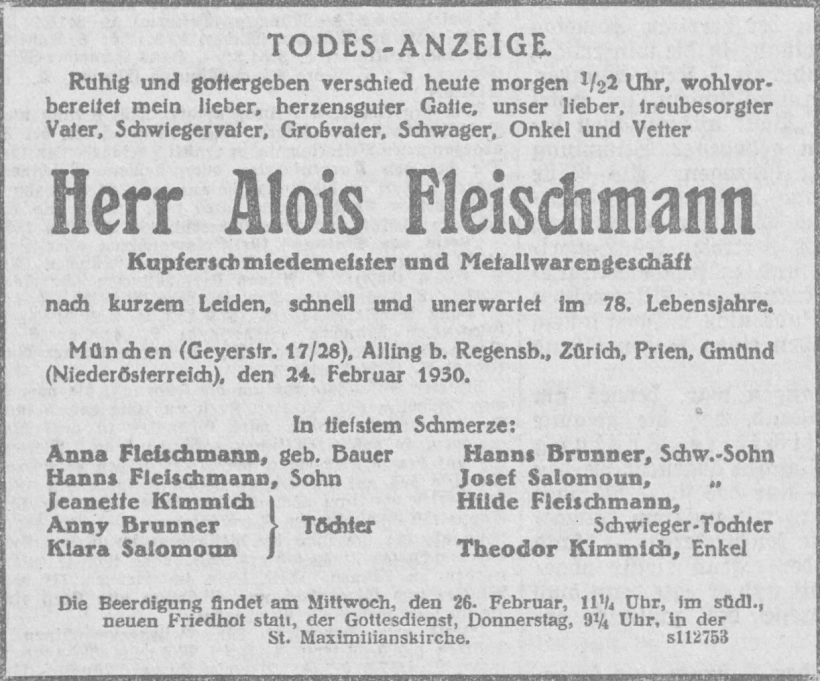 Todesanzeige für Alois Fleischmann