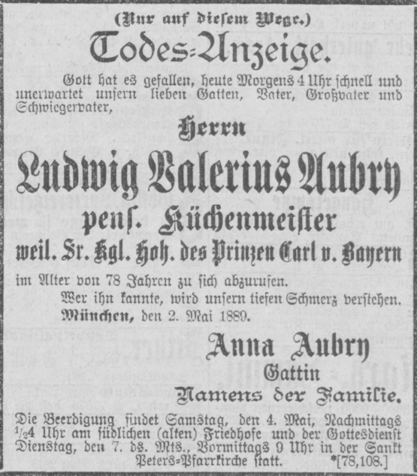 Todesanzeige für Ludwig Valerius Aubry