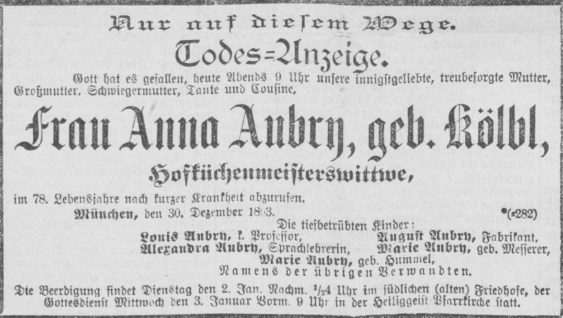 Todesanzeige für Anna Aubry