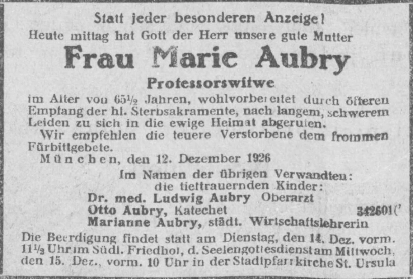 Todesanzeige für Marie Aubry