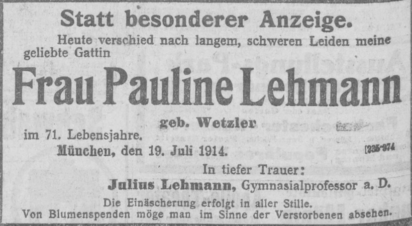 Todesanzeige für Pauline Lehmann