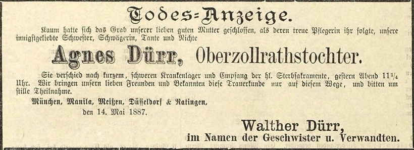 Todesanzeige für Agnes Dürr