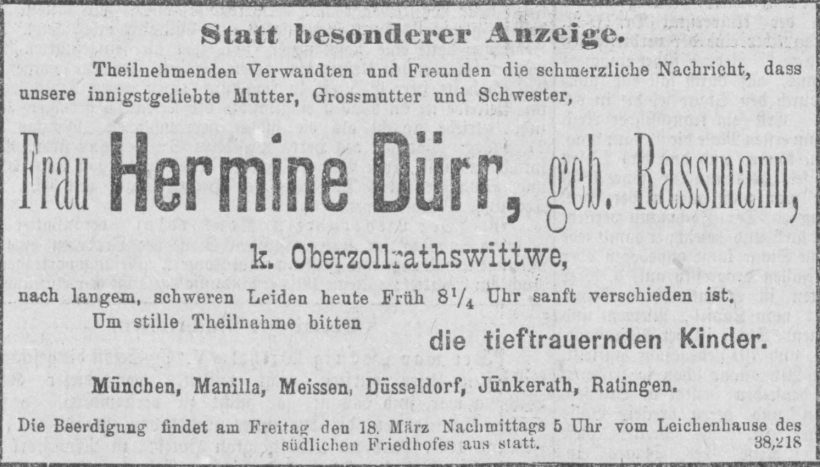 Todesanzeige für Hermine Dürr