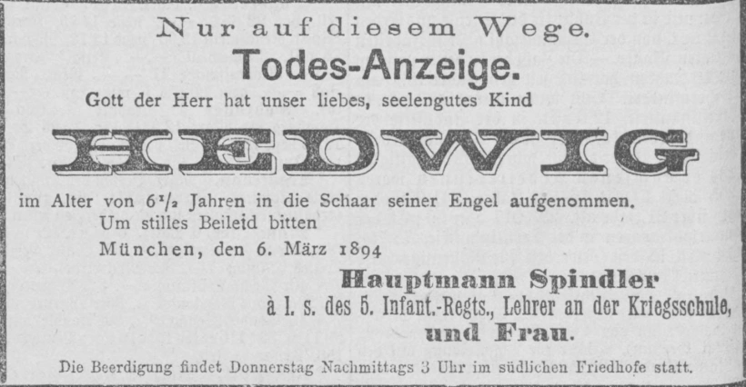 Todesanzeige für Hedwig Spindler