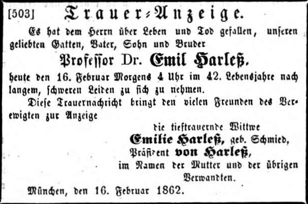 Todesanzeige für Prof. Dr. Emil Harleß