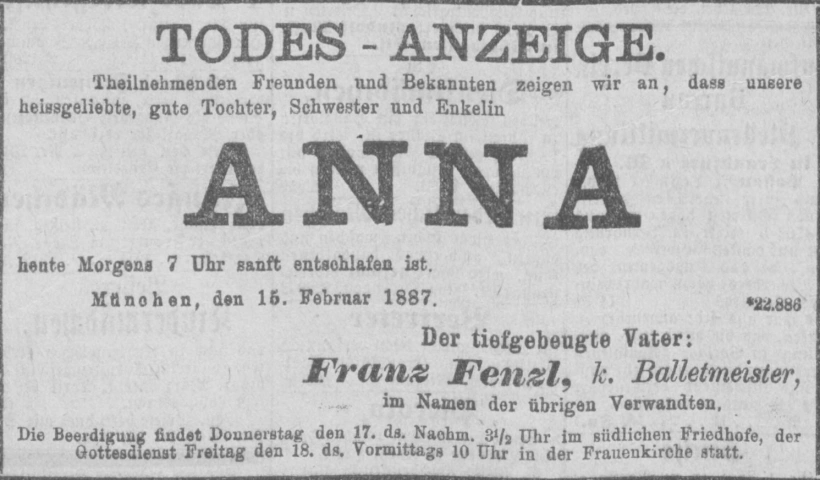 Todesanzeige für Anna Fenzl