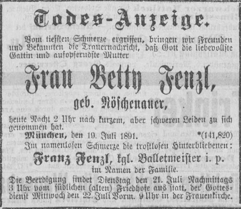 Todesanzeige für Betty Fenzl