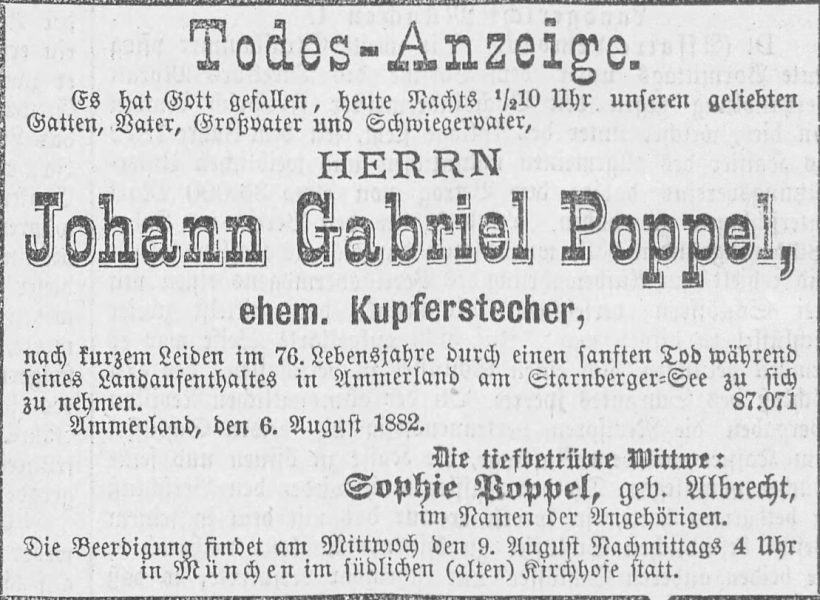 Todesanzeige für Johann Gabriel Friedrich Poppel