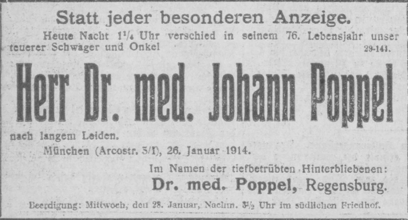 Todesanzeige für Dr. med. Johann Poppel