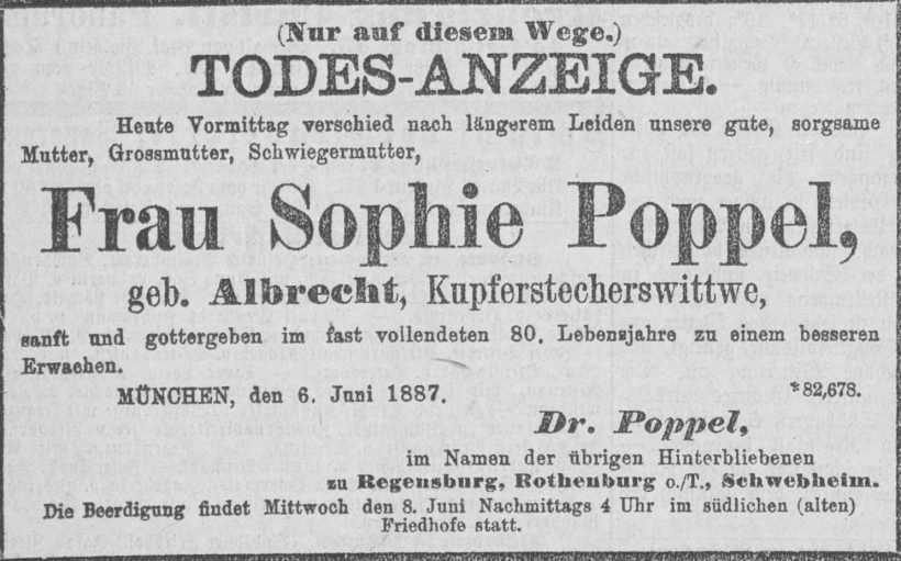 Todesanzeige für Sophie Friederike Poppel
