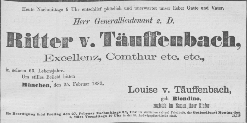 Todesanzeige für Anton Ritter von Täuffenbach
