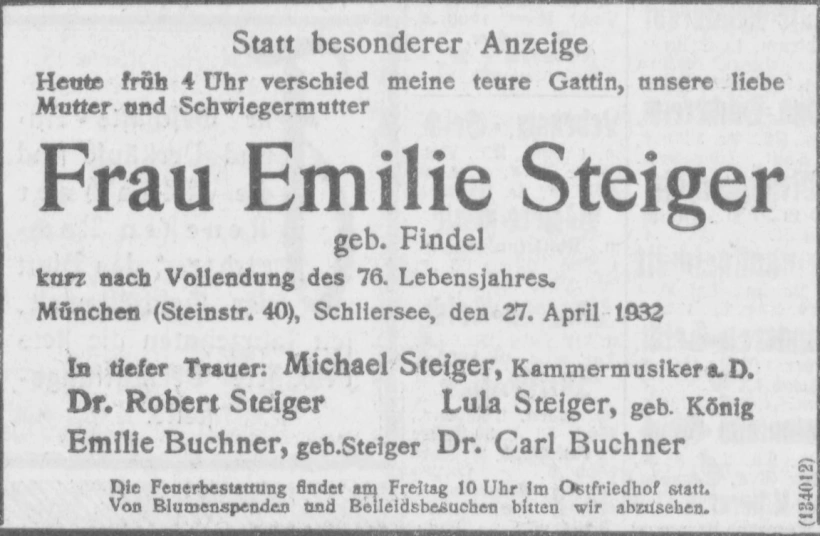 Todesanzeige für Emilie Steiger