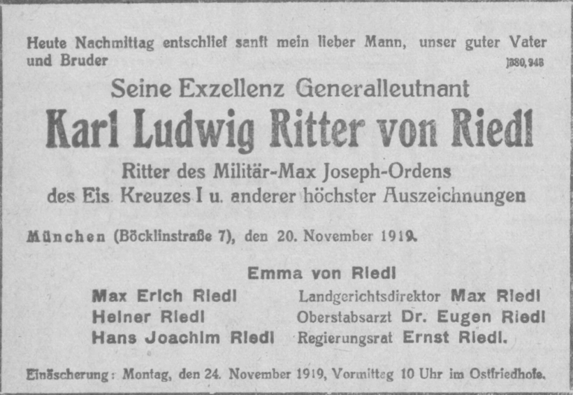 Todesanzeige für Ludwig Ritter von Riedl
