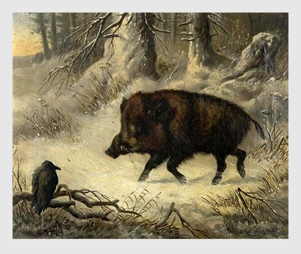 Carl Oswald Rostosky: Keiler mit Rabe (1862). artnet AG.