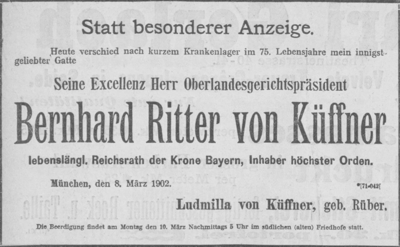 Todesanzeige für Bernhard Ritter von Küffner
