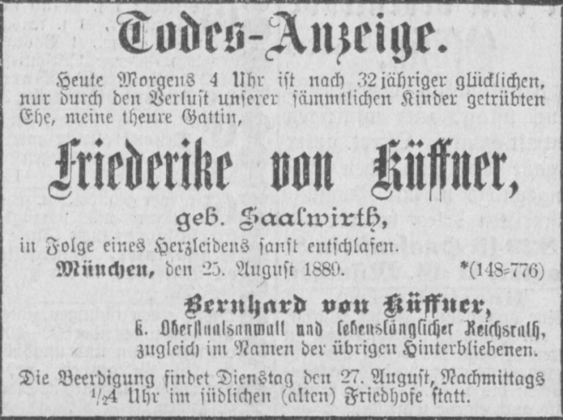 Todesanzeige für Friederike von Küffner