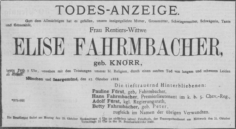 Todesanzeige für Elise Fahrmbacher