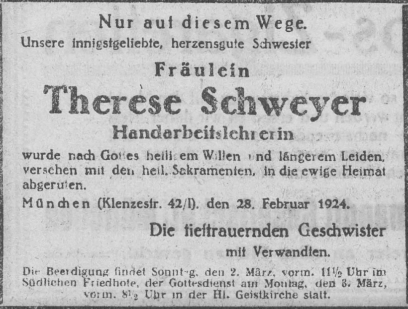 Todesanzeige für Therese Schweyer