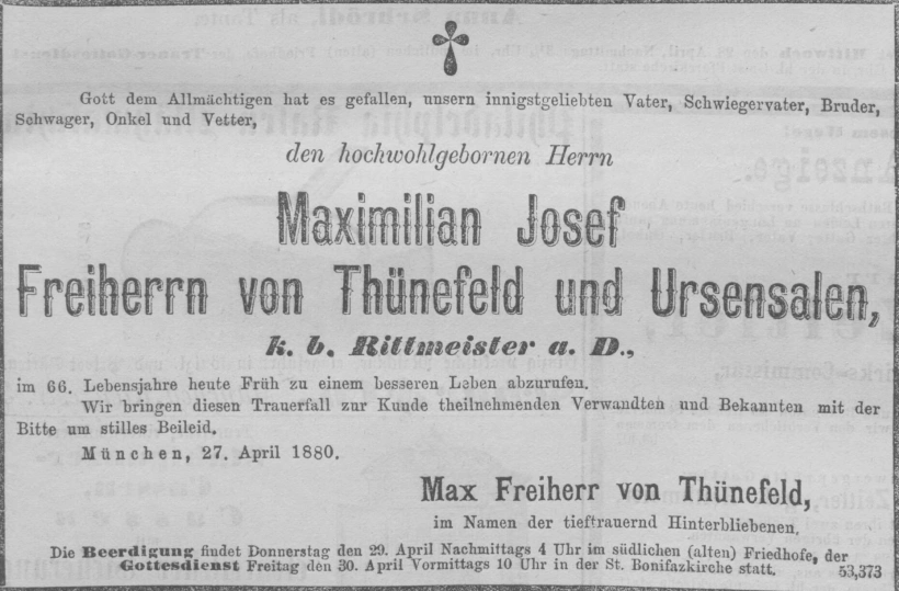 Todesanzeige für Maximilian Josef Freiherr von Thünefeld und Ursensalen
