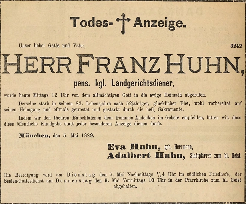 Todesanzeige für Franz Huhn