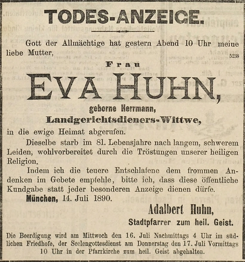 Todesanzeige für Eva Huhn